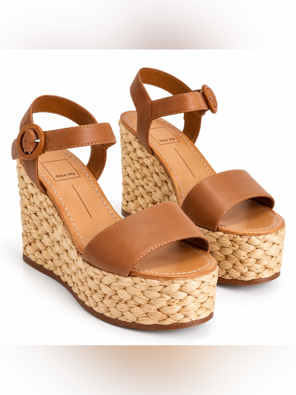 Dolce Vita Raffia Platform Wedge Sandals Tan Leather Ankle Strap Espadrille 10